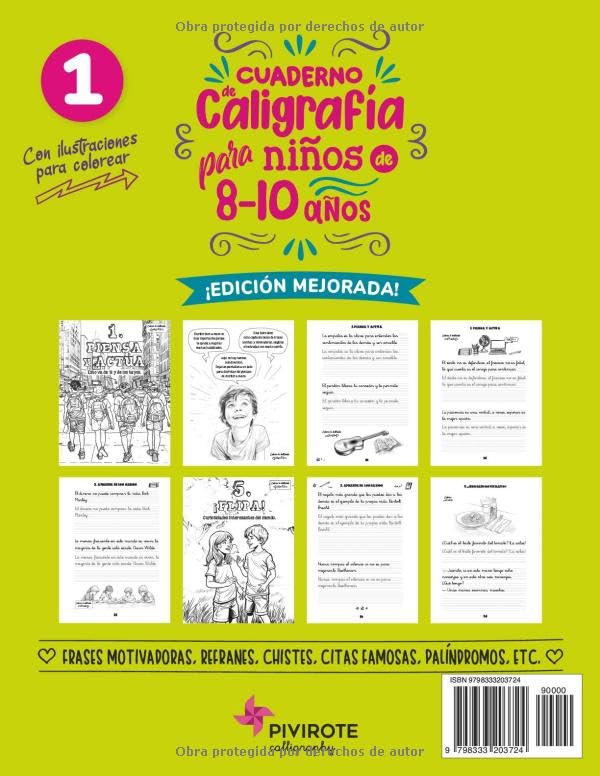 CALIGRAFÍA PARA NIÑOS 8-10 AÑOS: FRASES MOTIVADORAS, REFRANES, CHISTES, CITAS FAMOSAS, PALÍNDROMOS, ETC. PRACTICA Y MEJORA TU CALIGRAFÍA CON PAUTA MONTESSORI. CON ILUSTRACIONES PARA COLOREAR