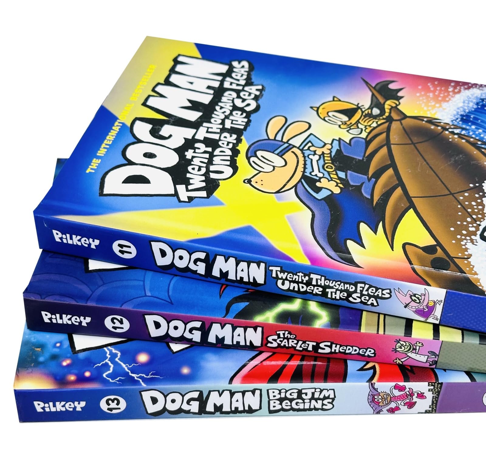 Dog Man Series 11-13 Collection 3 Books Set By Dav Pilkey (Twenty Thousand Fleas Under the Sea, The Scarlet Shedder & Big Jim Begins)