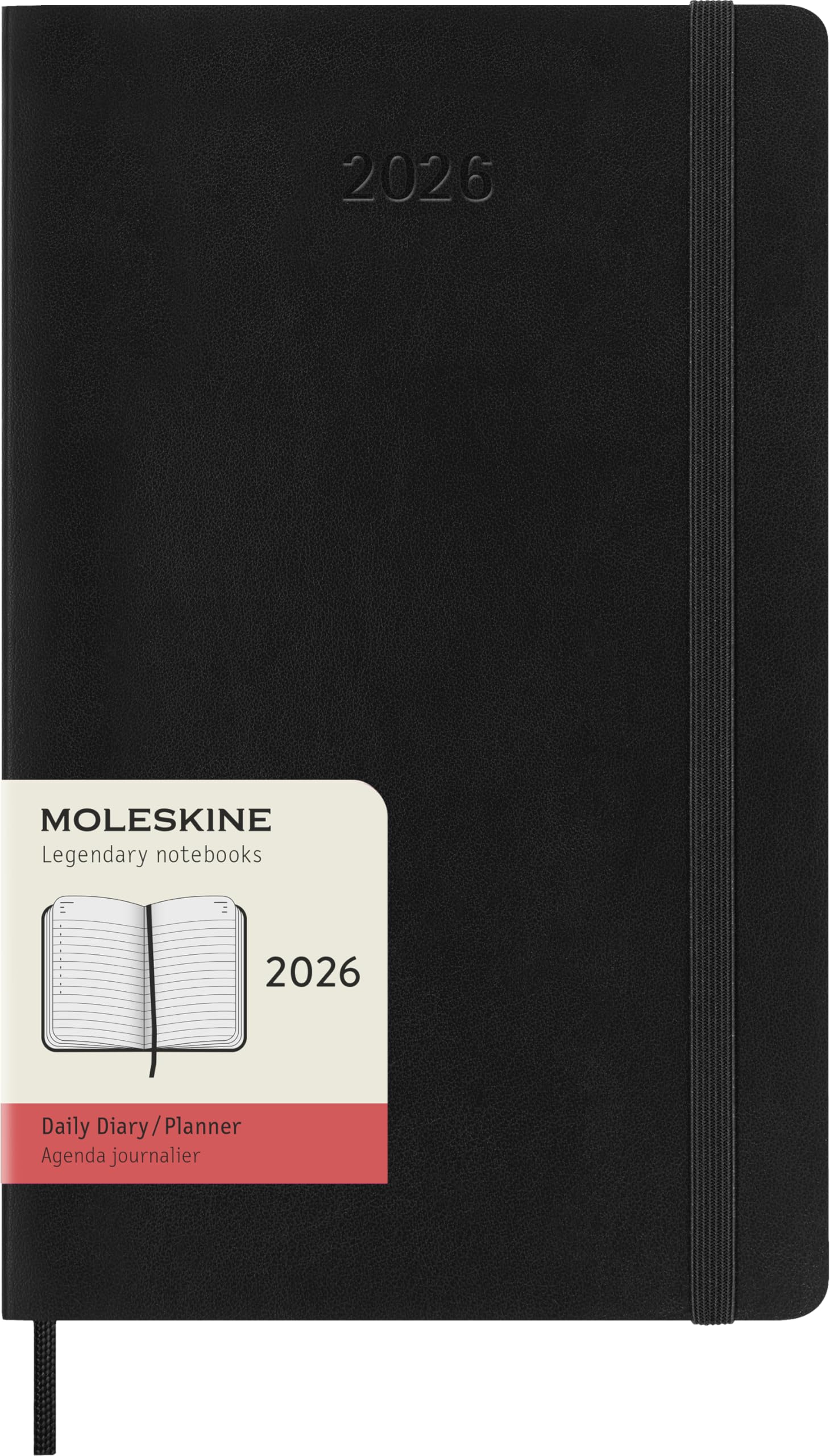 Moleskine Agenda Diaria, Agenda Diaria 2026 12 Meses, Con Tapa Blanda y Cierre Elástico, Formato Grande 13x21, Color Negro