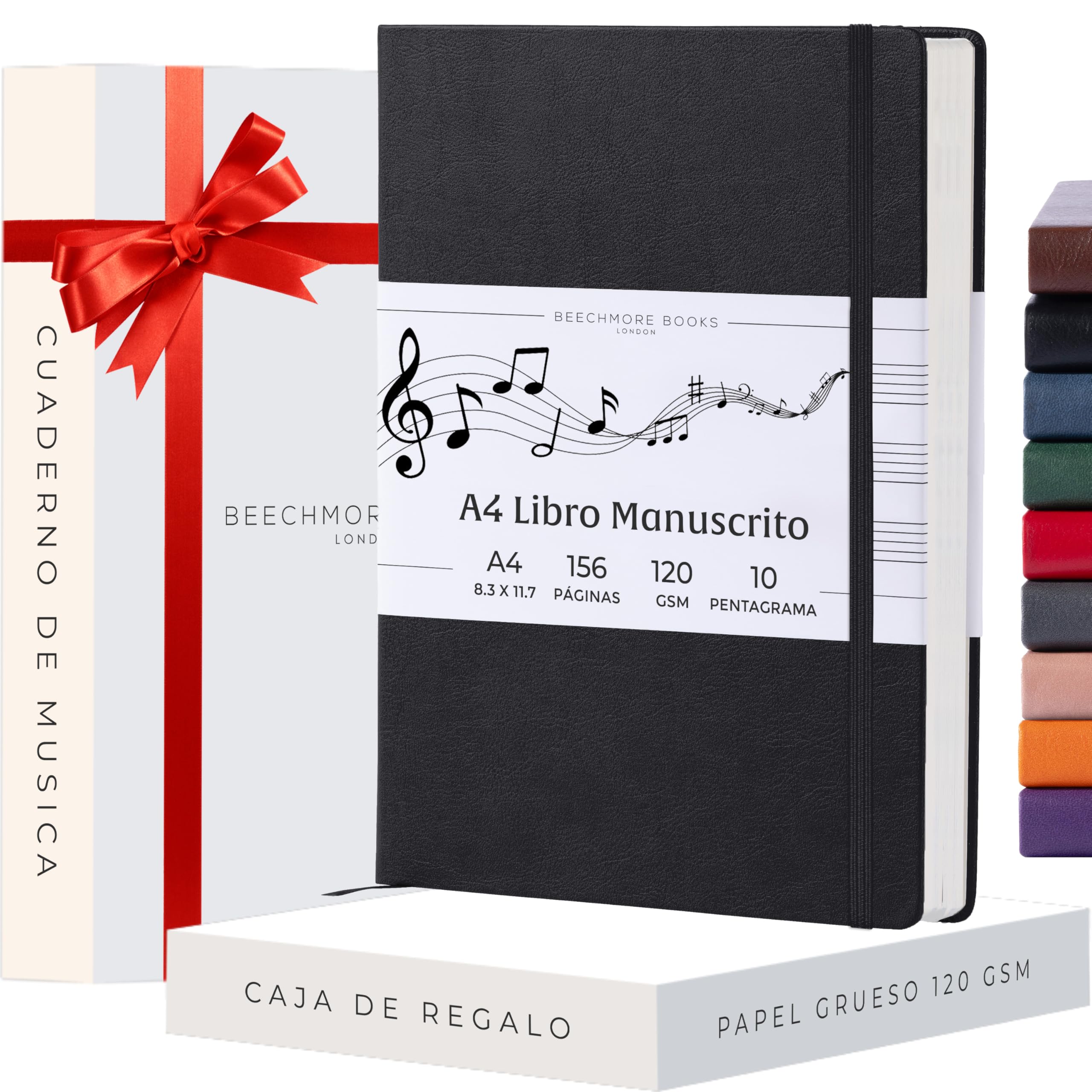 Beechmore Books Cuaderno de música A4 (21,6 x 29 cm) – 156 páginas, 120 g/m² | Tapa dura piel vegana, hojas con pentagrama perforadas, apertura plana, caja de regalo para músicos