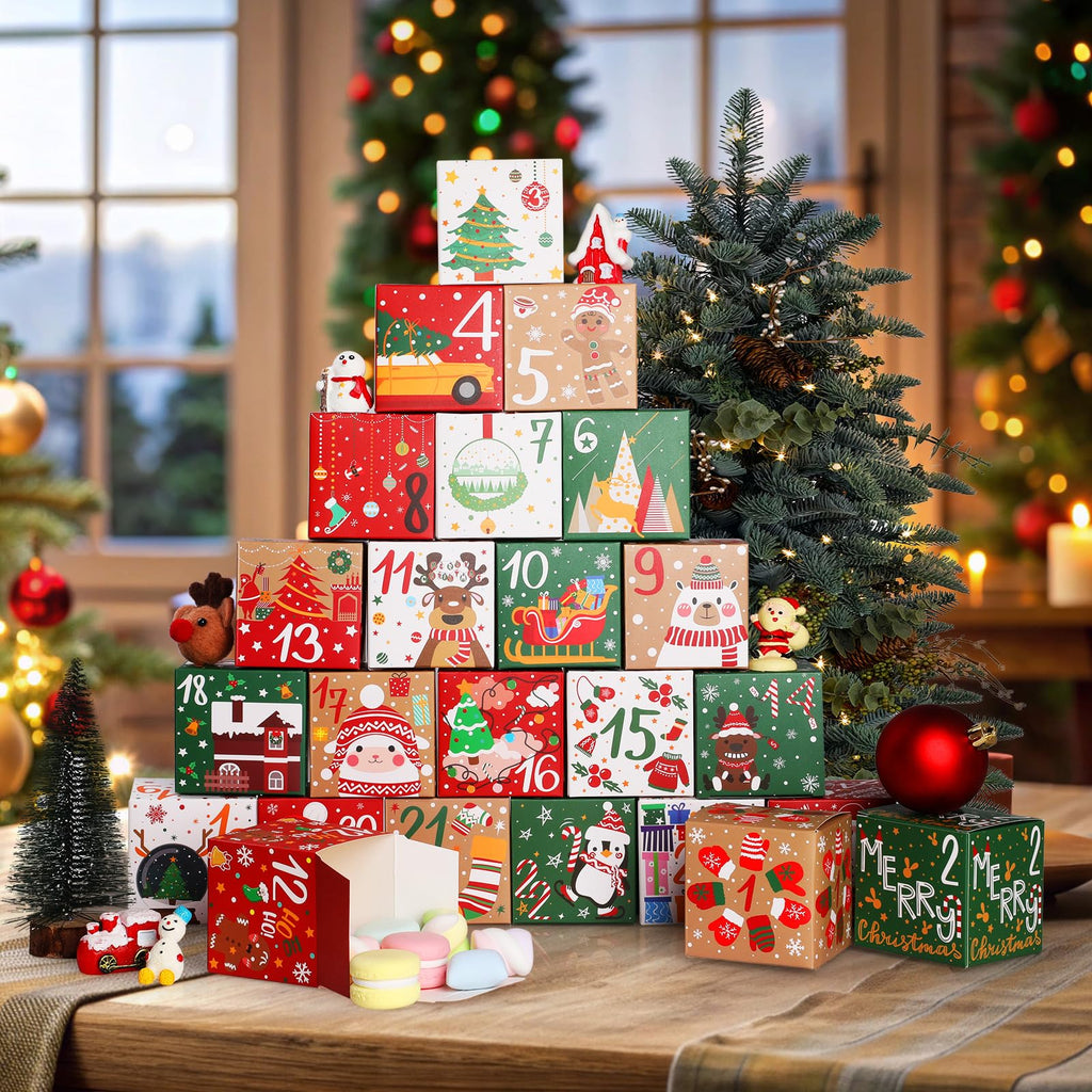 Calendario de Adviento 2024 para Navidad, KIKISML 24 Piezas Cajas de Cuenta Regresiva de Adviento de Navidad Cajas de Regalo Vacías Año Nuevo para Envolver Regalos Decoración Navideña