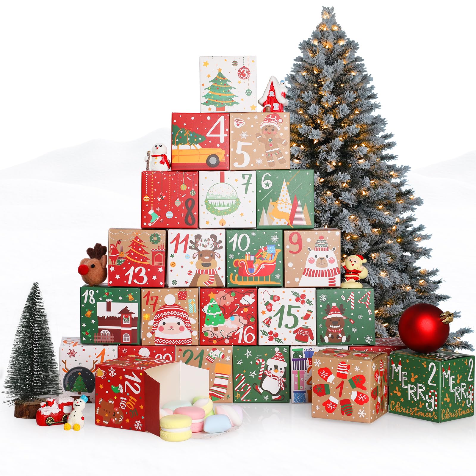 Calendario de Adviento 2024 para Navidad, KIKISML 24 Piezas Cajas de Cuenta Regresiva de Adviento de Navidad Cajas de Regalo Vacías Año Nuevo para Envolver Regalos Decoración Navideña