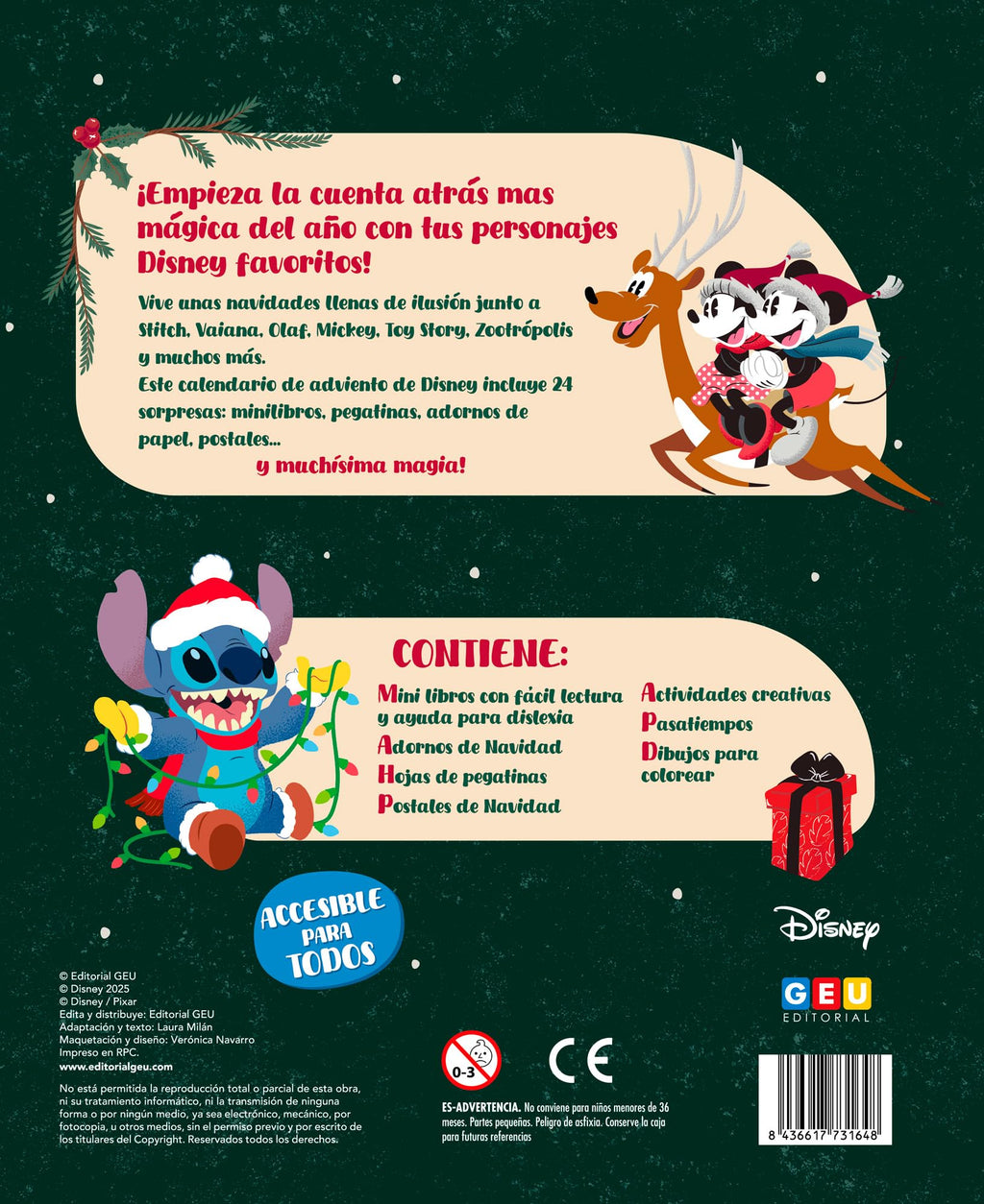 Calendario Adviento Stitch - Pixar - Mickey y más personajes Disney | Calendario Adviento Disney - 24 días de sorpresas: cuentos, actividades, pegatinas y adornos de Navidad