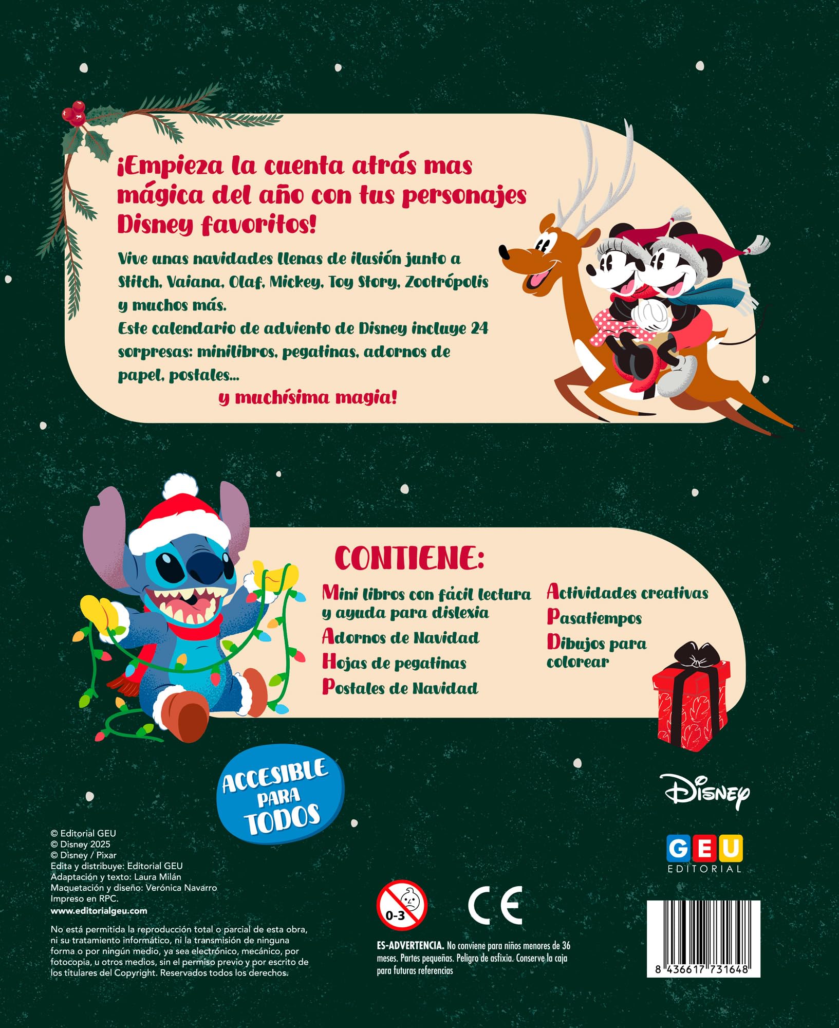 Calendario Adviento Stitch - Pixar - Mickey y más personajes Disney | Calendario Adviento Disney - 24 días de sorpresas: cuentos, actividades, pegatinas y adornos de Navidad