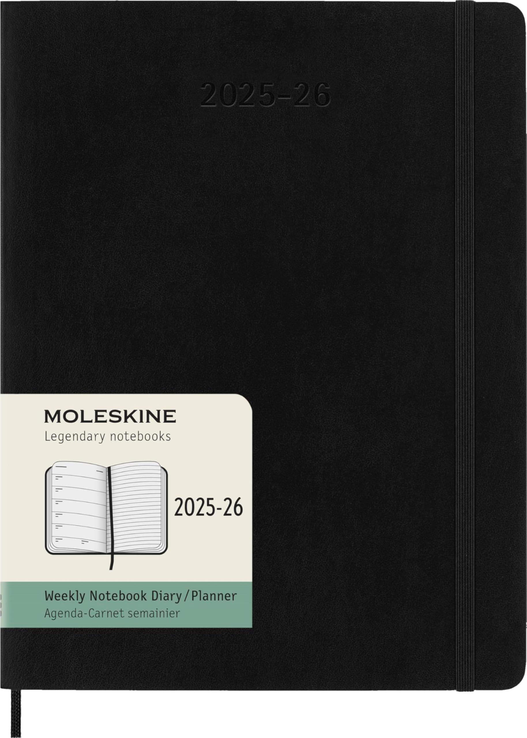 Moleskine Weekly Planner 2025-2026, Agenda Semanal 18 Meses Con Espacio para Notas, Tapa Suave y Cierre Elástico, Formato XL 19 x 25 cm, Color Negro