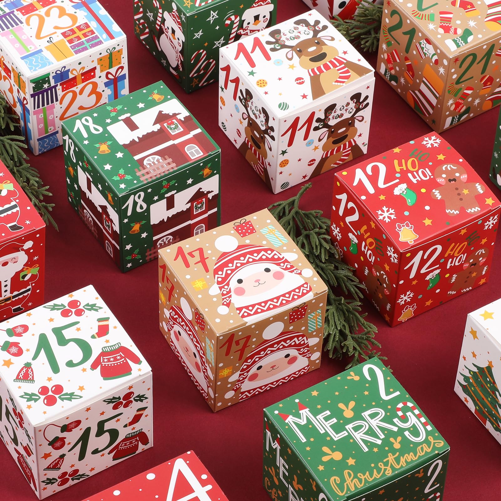 Calendario de Adviento 2024 para Navidad, KIKISML 24 Piezas Cajas de Cuenta Regresiva de Adviento de Navidad Cajas de Regalo Vacías Año Nuevo para Envolver Regalos Decoración Navideña