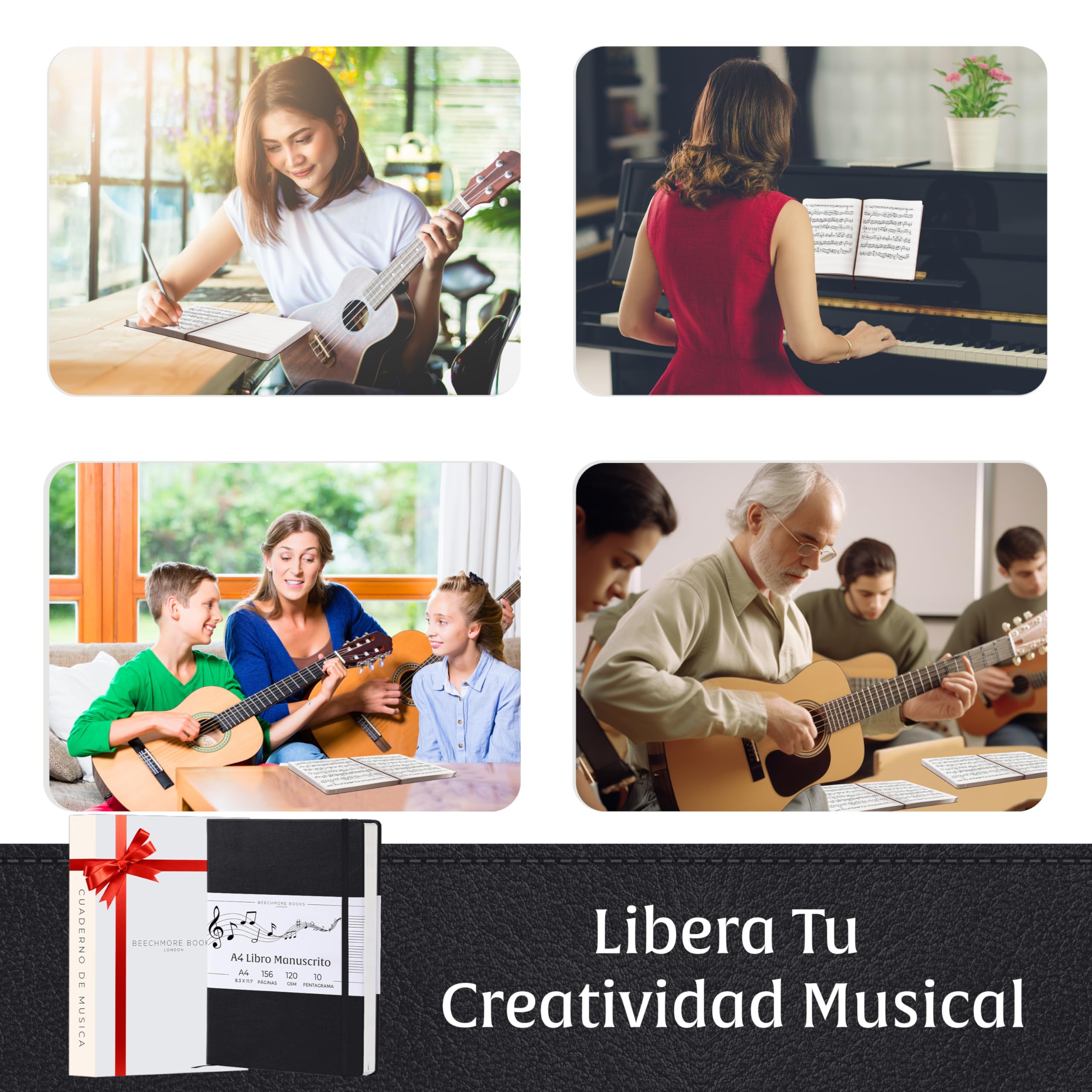 Beechmore Books Cuaderno de música A4 (21,6 x 29 cm) – 156 páginas, 120 g/m² | Tapa dura piel vegana, hojas con pentagrama perforadas, apertura plana, caja de regalo para músicos
